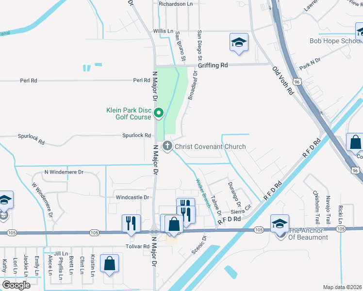 map of restaurants, bars, coffee shops, grocery stores, and more near 7230 Firethorn Drive in Beaumont