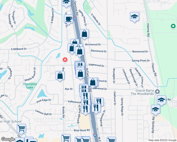 map of restaurants, bars, coffee shops, grocery stores, and more near 26002 North Freeway Service Road in Spring