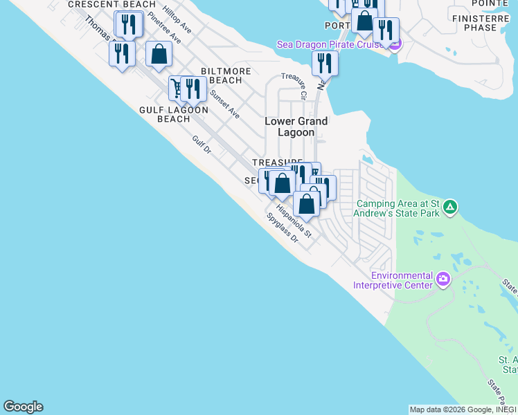 map of restaurants, bars, coffee shops, grocery stores, and more near 5005 Gulf Drive in Panama City Beach
