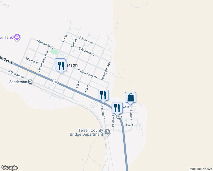 map of restaurants, bars, coffee shops, grocery stores, and more near 207 6th Street in Sanderson