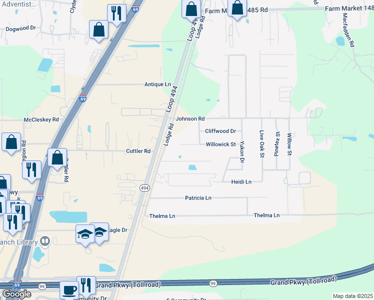 map of restaurants, bars, coffee shops, grocery stores, and more near 23138 Willowick Street in New Caney