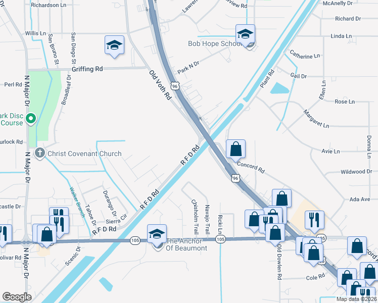 map of restaurants, bars, coffee shops, grocery stores, and more near 6480-6698 R F D Road in Beaumont