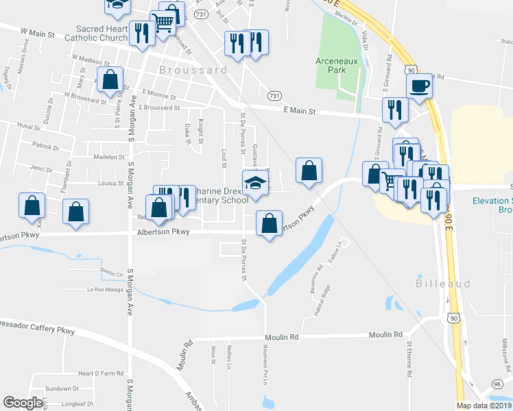 map of restaurants, bars, coffee shops, grocery stores, and more near 409 Saint De Porres Street in Broussard
