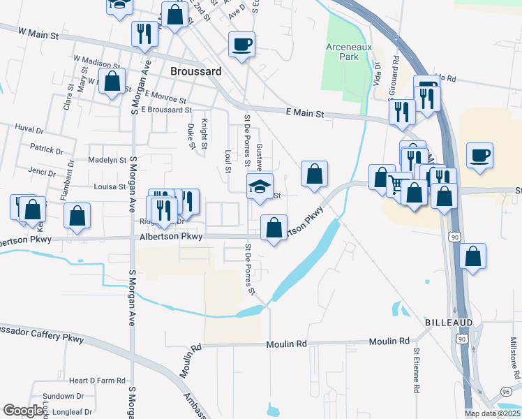 map of restaurants, bars, coffee shops, grocery stores, and more near 409 Saint De Porres Street in Broussard
