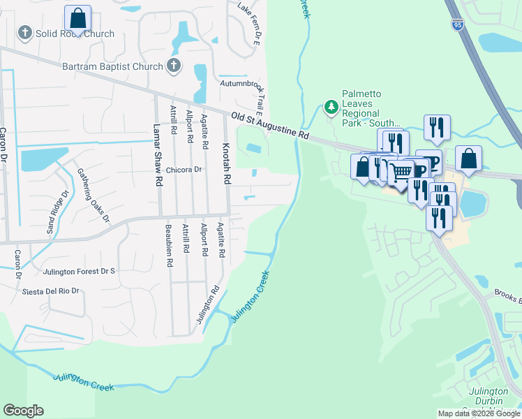 map of restaurants, bars, coffee shops, grocery stores, and more near 12639 Knotah Road in Jacksonville