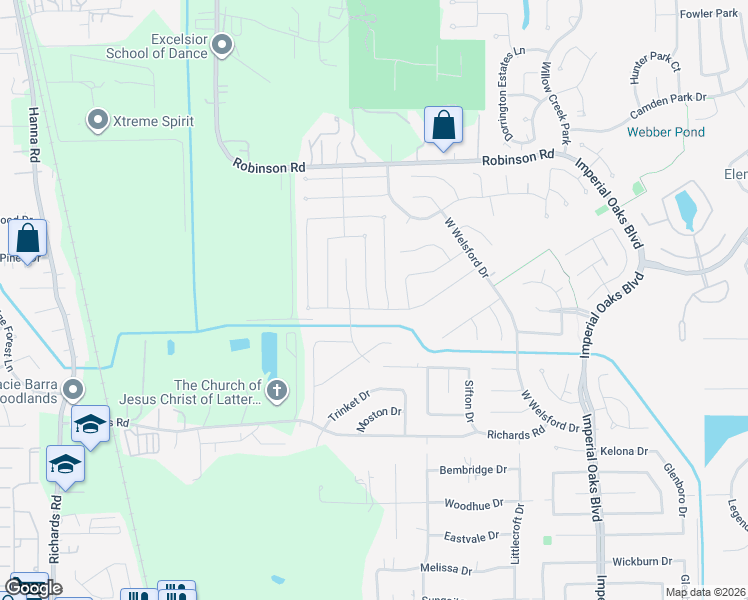 map of restaurants, bars, coffee shops, grocery stores, and more near 31106 Perlican Drive in Spring