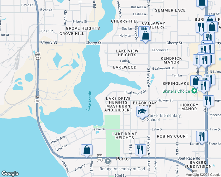 map of restaurants, bars, coffee shops, grocery stores, and more near 4721 South Lakewood Drive in Panama City