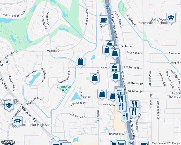 map of restaurants, bars, coffee shops, grocery stores, and more near 26009 Budde Road in The Woodlands