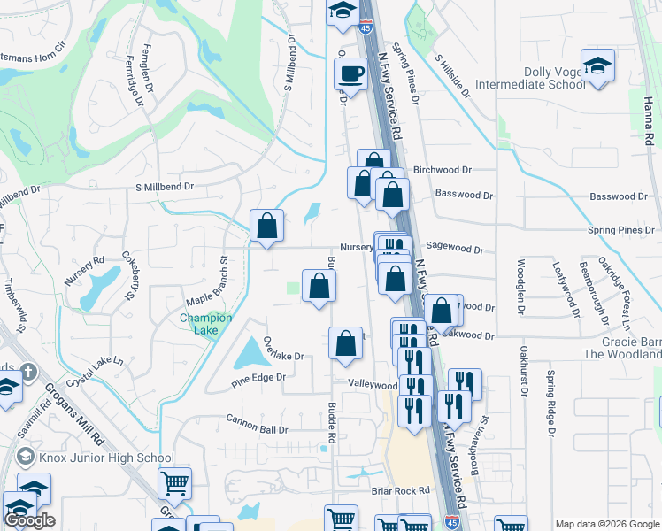 map of restaurants, bars, coffee shops, grocery stores, and more near 26010 Budde Road in Spring