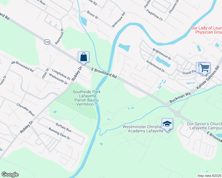map of restaurants, bars, coffee shops, grocery stores, and more near 726 East Broussard Road in Lafayette