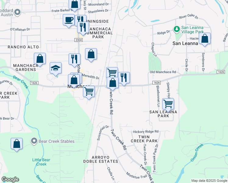map of restaurants, bars, coffee shops, grocery stores, and more near 12111 Twin Creek Road in Manchaca