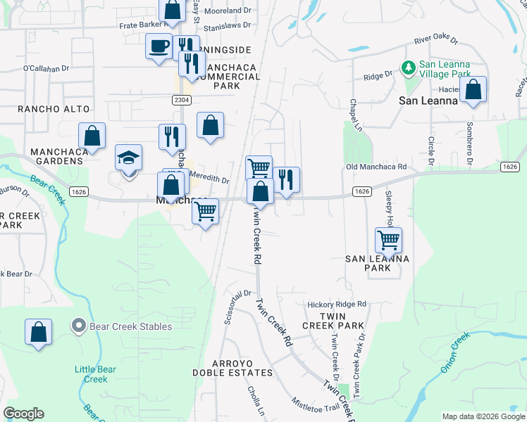 map of restaurants, bars, coffee shops, grocery stores, and more near 12111 Twin Creek Road in Manchaca
