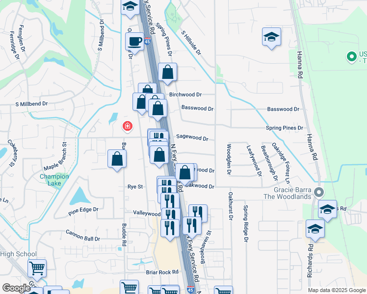map of restaurants, bars, coffee shops, grocery stores, and more near 26002 North Freeway Service Road in Spring
