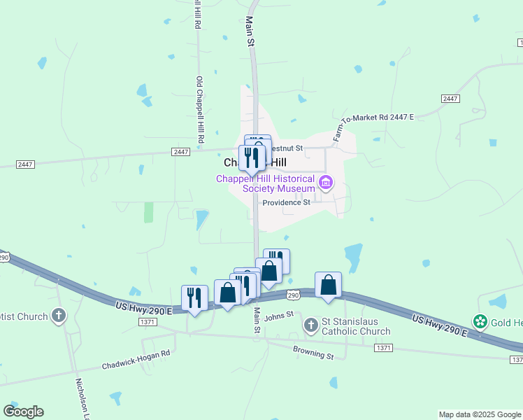 map of restaurants, bars, coffee shops, grocery stores, and more near 5255 Main Street in Chappell Hill