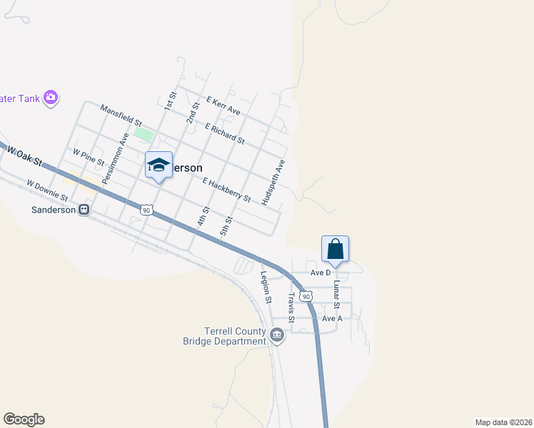 map of restaurants, bars, coffee shops, grocery stores, and more near 207 6th Street in Sanderson