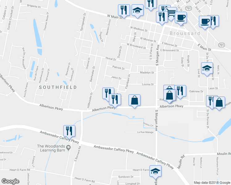 map of restaurants, bars, coffee shops, grocery stores, and more near 304 Kelsea Drive in Broussard