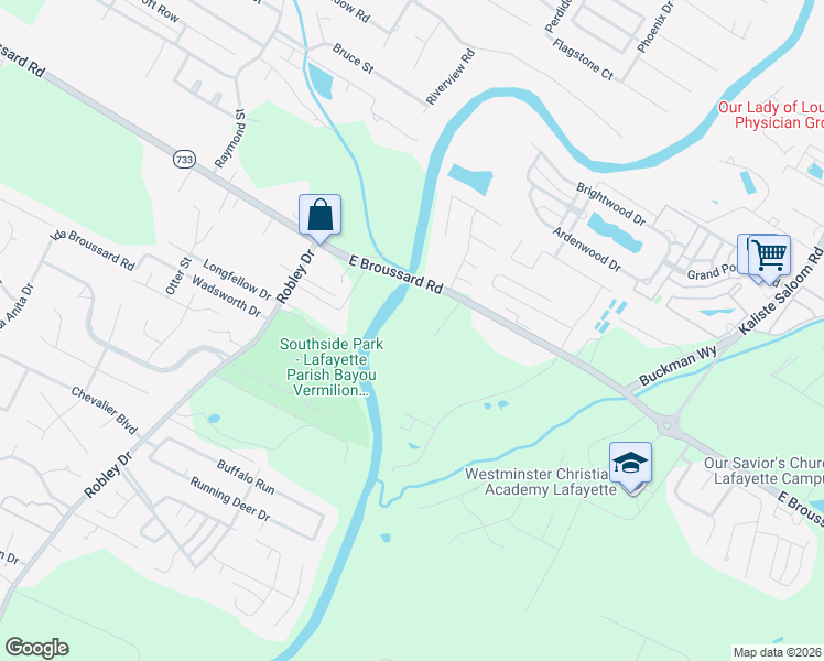 map of restaurants, bars, coffee shops, grocery stores, and more near 726 East Broussard Road in Lafayette