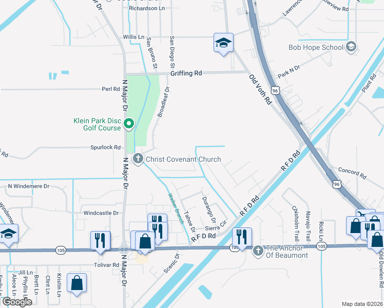 map of restaurants, bars, coffee shops, grocery stores, and more near 6690 Hackberry Drive in Beaumont