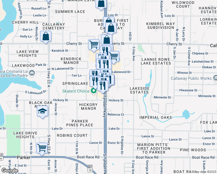 map of restaurants, bars, coffee shops, grocery stores, and more near 322 South Burkett Drive in Callaway