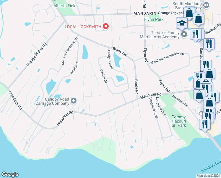 map of restaurants, bars, coffee shops, grocery stores, and more near 12646 Cachet Drive in Jacksonville