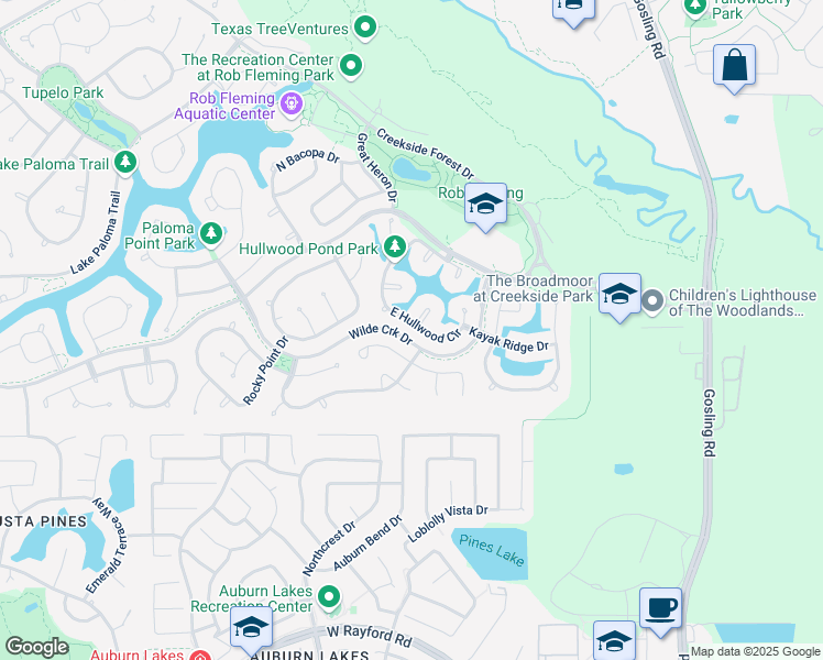 map of restaurants, bars, coffee shops, grocery stores, and more near 78 Buck Trail Place in Spring