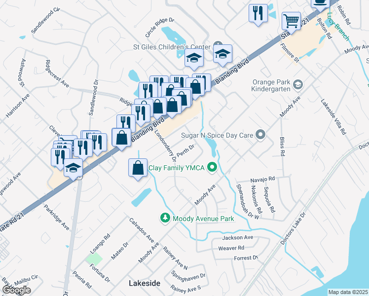 map of restaurants, bars, coffee shops, grocery stores, and more near 2390 Perth Drive in Orange Park