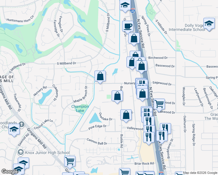 map of restaurants, bars, coffee shops, grocery stores, and more near 26009 Budde Road in The Woodlands