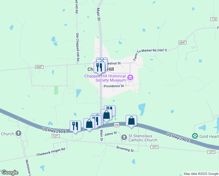 map of restaurants, bars, coffee shops, grocery stores, and more near 5255 Main Street in Chappell Hill
