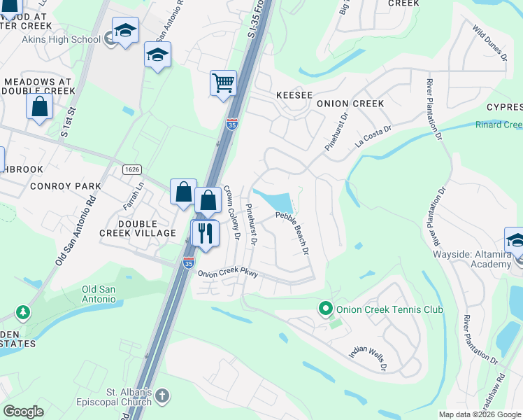 map of restaurants, bars, coffee shops, grocery stores, and more near 2302 Pebble Beach Drive in Austin