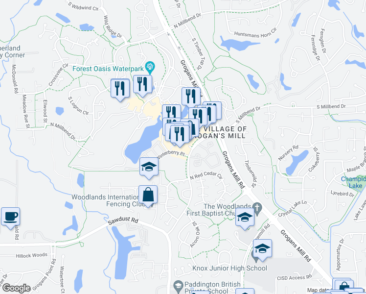 map of restaurants, bars, coffee shops, grocery stores, and more near 7 Switchbud Place in Spring