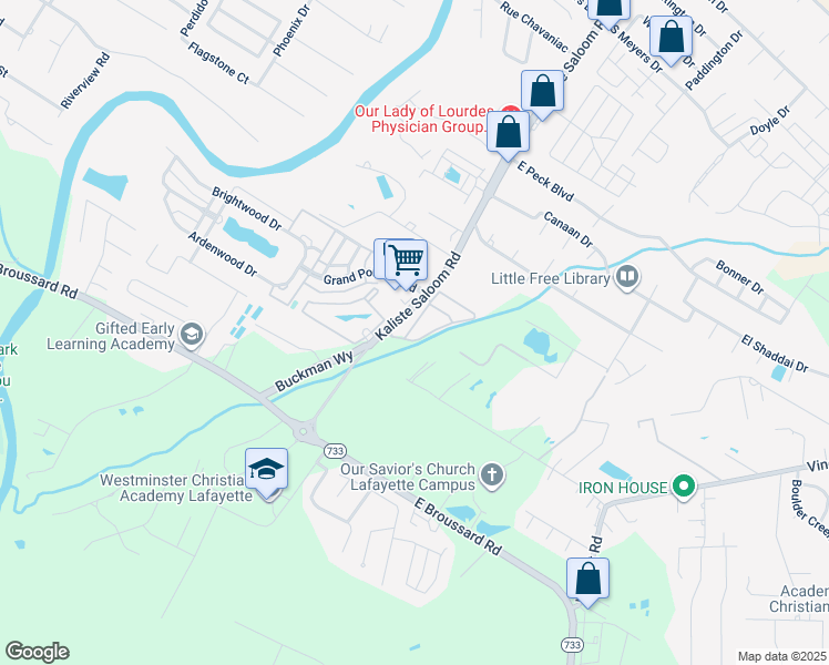 map of restaurants, bars, coffee shops, grocery stores, and more near 3601 Kaliste Saloom Road in Lafayette