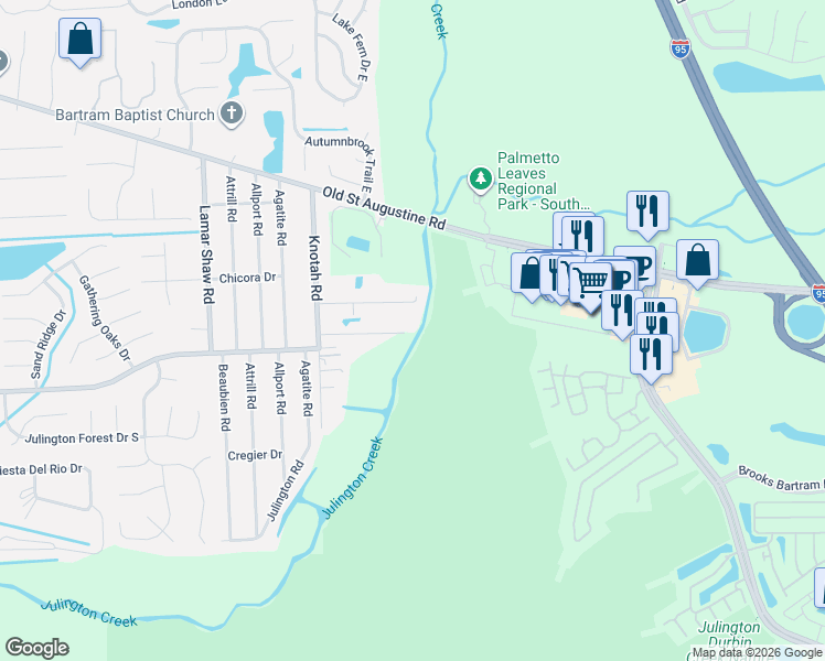 map of restaurants, bars, coffee shops, grocery stores, and more near 13455 Short Road in Jacksonville