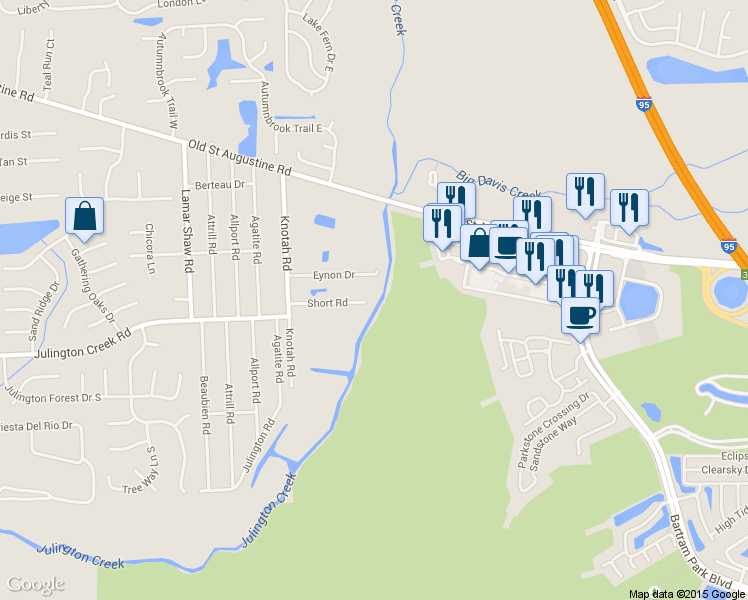 map of restaurants, bars, coffee shops, grocery stores, and more near 13455 Short Road in Jacksonville