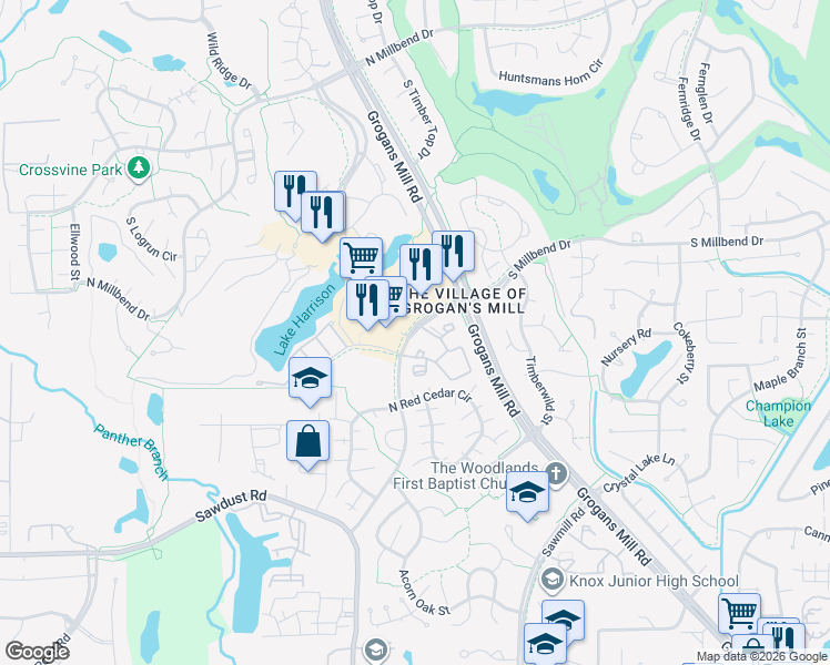 map of restaurants, bars, coffee shops, grocery stores, and more near 2207 South Millbend Drive in The Woodlands