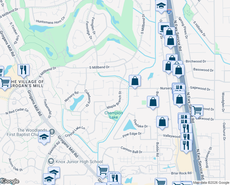 map of restaurants, bars, coffee shops, grocery stores, and more near 124 Marabou Place in Spring