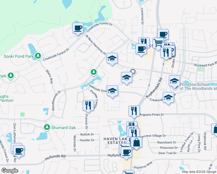 map of restaurants, bars, coffee shops, grocery stores, and more near Jonquil Place in Tomball