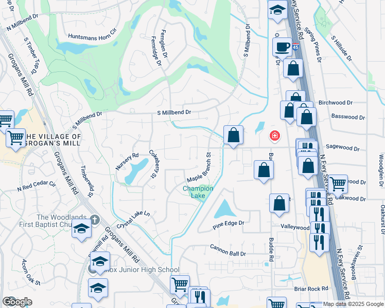 map of restaurants, bars, coffee shops, grocery stores, and more near 124 Marabou Place in Spring