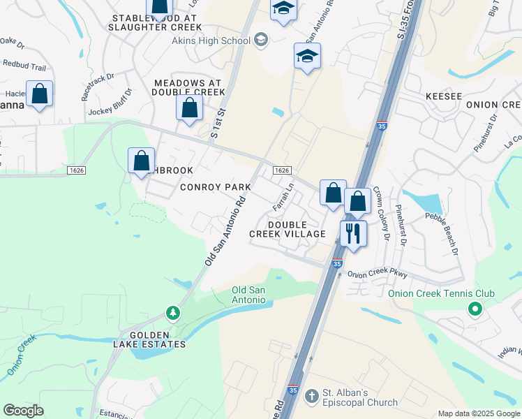 map of restaurants, bars, coffee shops, grocery stores, and more near 1900 Onion Creek Parkway in Austin