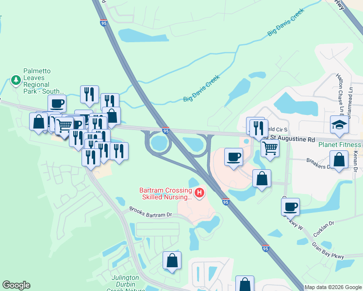 map of restaurants, bars, coffee shops, grocery stores, and more near Interstate 95 in Jacksonville