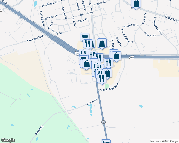 map of restaurants, bars, coffee shops, grocery stores, and more near 2628 Texas 36 in Brenham