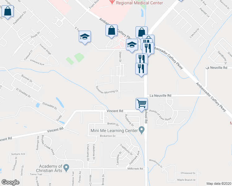 map of restaurants, bars, coffee shops, grocery stores, and more near 203 Summer Morning Court in Lafayette