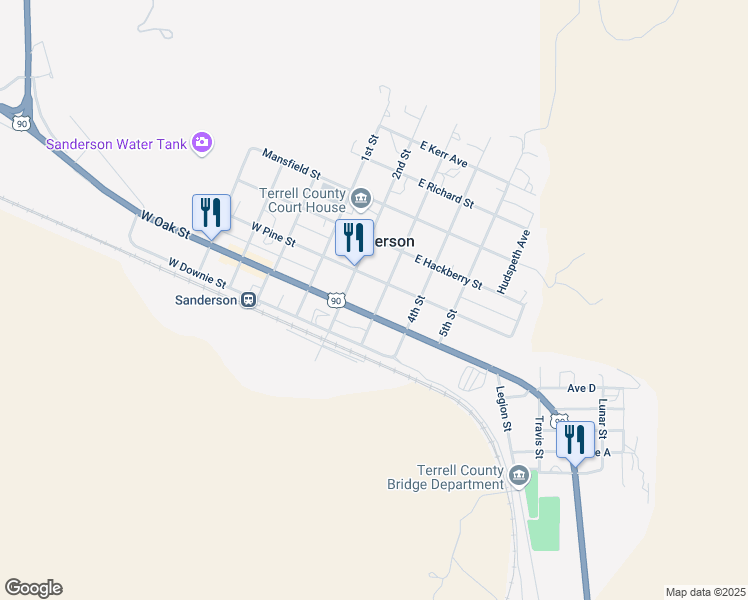 map of restaurants, bars, coffee shops, grocery stores, and more near 100-198 3rd St in Sanderson