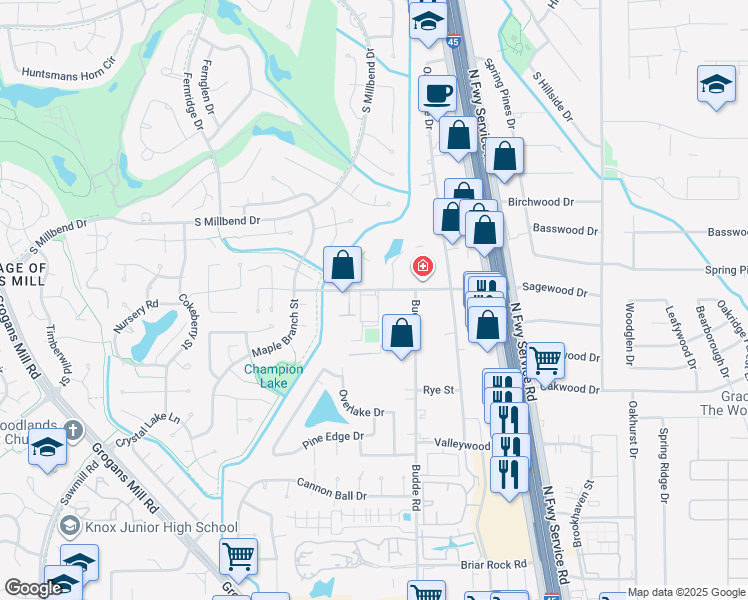 map of restaurants, bars, coffee shops, grocery stores, and more near 430 Nursery Road in Spring