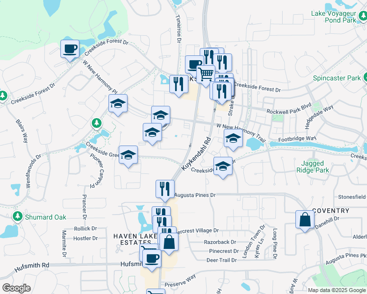 map of restaurants, bars, coffee shops, grocery stores, and more near 26211 Kuykendahl Road in Tomball