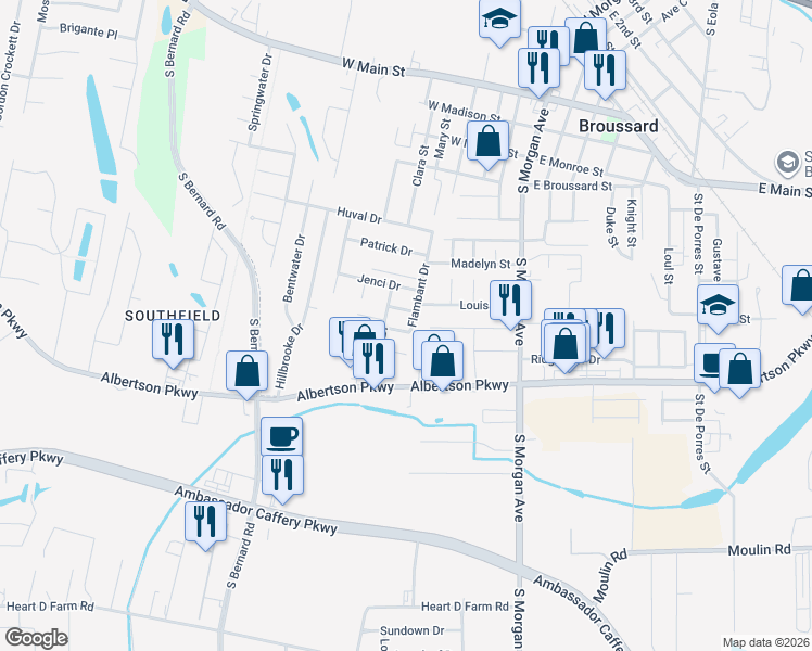 map of restaurants, bars, coffee shops, grocery stores, and more near 100 Marquee Drive in Broussard