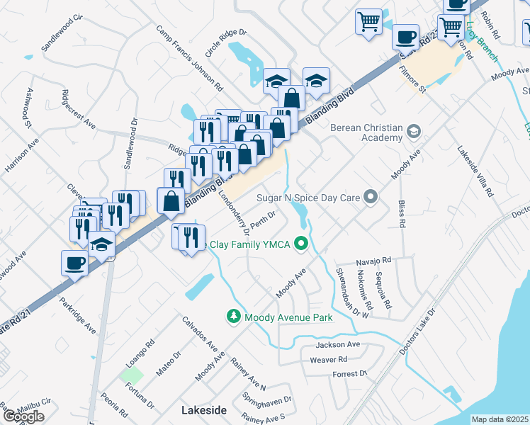 map of restaurants, bars, coffee shops, grocery stores, and more near 2388 Perth Drive in Orange Park