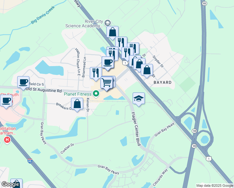 map of restaurants, bars, coffee shops, grocery stores, and more near 12574 Flagler Center Boulevard in Jacksonville