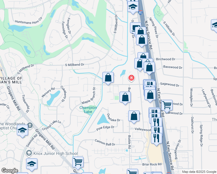 map of restaurants, bars, coffee shops, grocery stores, and more near 603 Nursery Road in The Woodlands