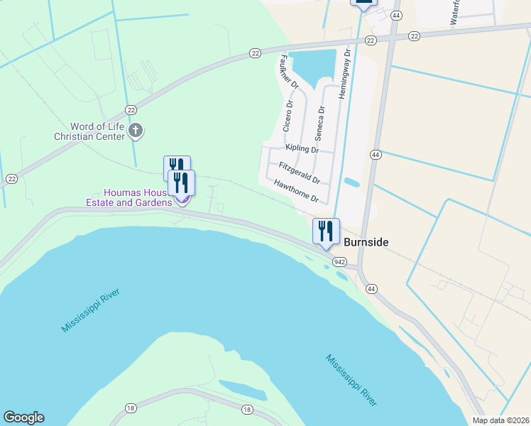 map of restaurants, bars, coffee shops, grocery stores, and more near 40216 Louisiana 942 in Darrow