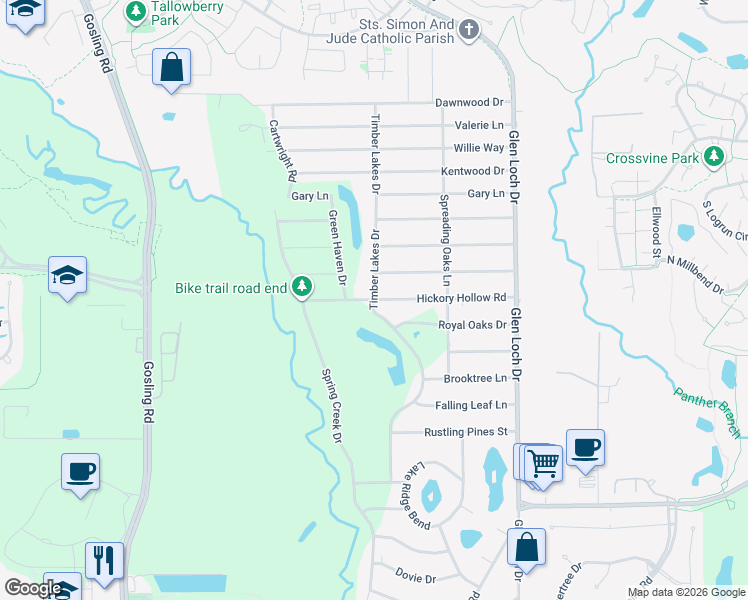 map of restaurants, bars, coffee shops, grocery stores, and more near 3439 Nodding Pines Street in Spring
